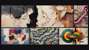 Mosaico de cinco cuadros, entre ellos Formas geométricas poesía cuadrada, Llamas Púrpura y Marea Dorada