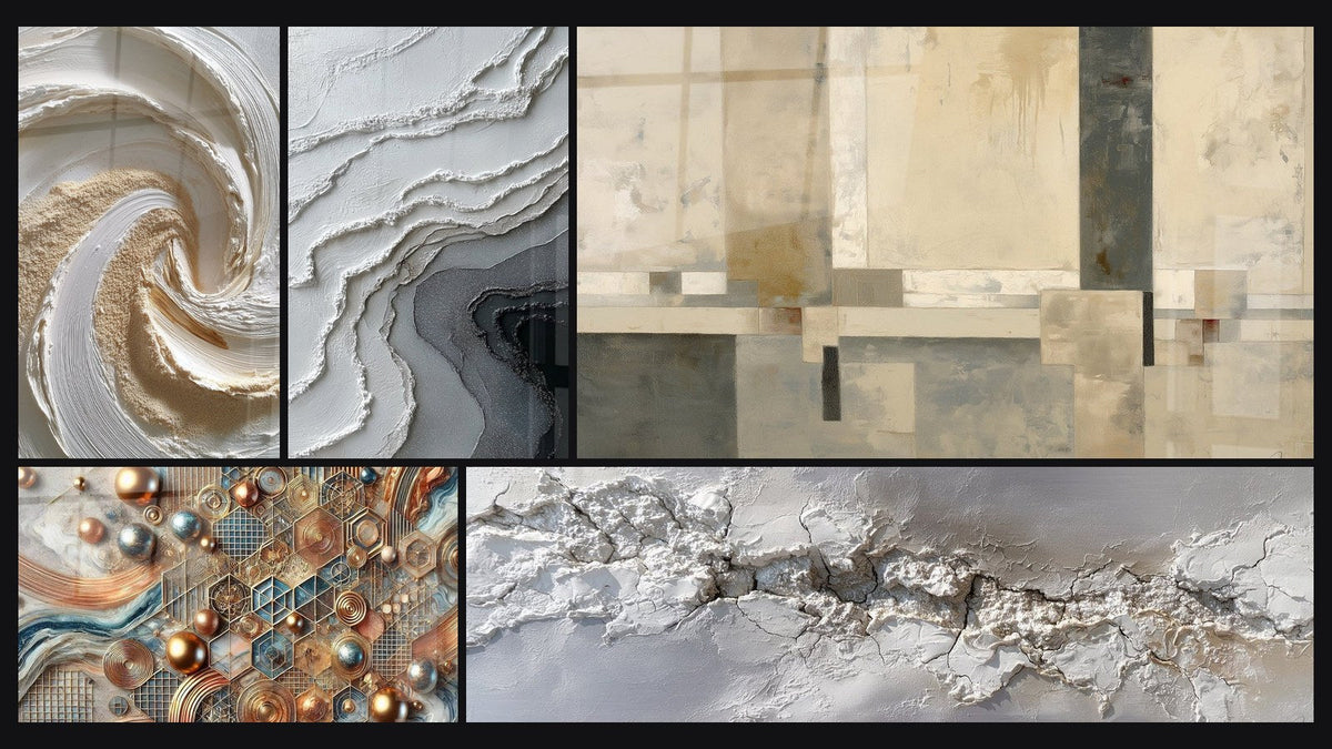 Mosaik aus fünf Gemälden, darunter Kupfer-Mosaik und Geometrische Komposition Beige und Grau
