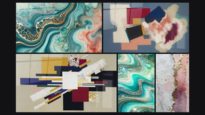 Mosaico de cinco cuadros, entre ellos Marea de Acuarela, Composición Geométrica Tensión Creativa y Olas Cristalinas