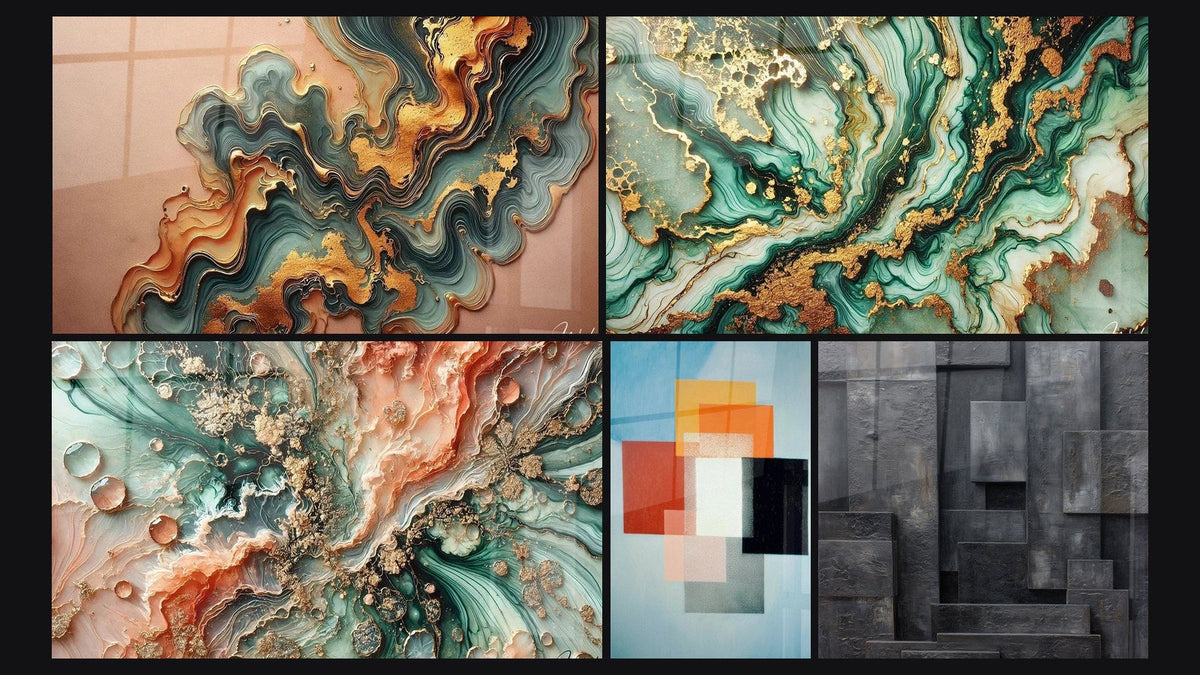 Mosaic of five paintings, including Wave Copper, Coral Dream and Mystical Marble