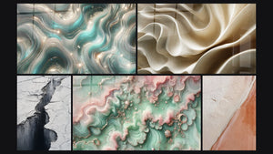 Mosaico de cinco cuadros, entre ellos Ondas Centelleantes, Grieta Glaciar Gris y Negro y Bruma Esmeralda