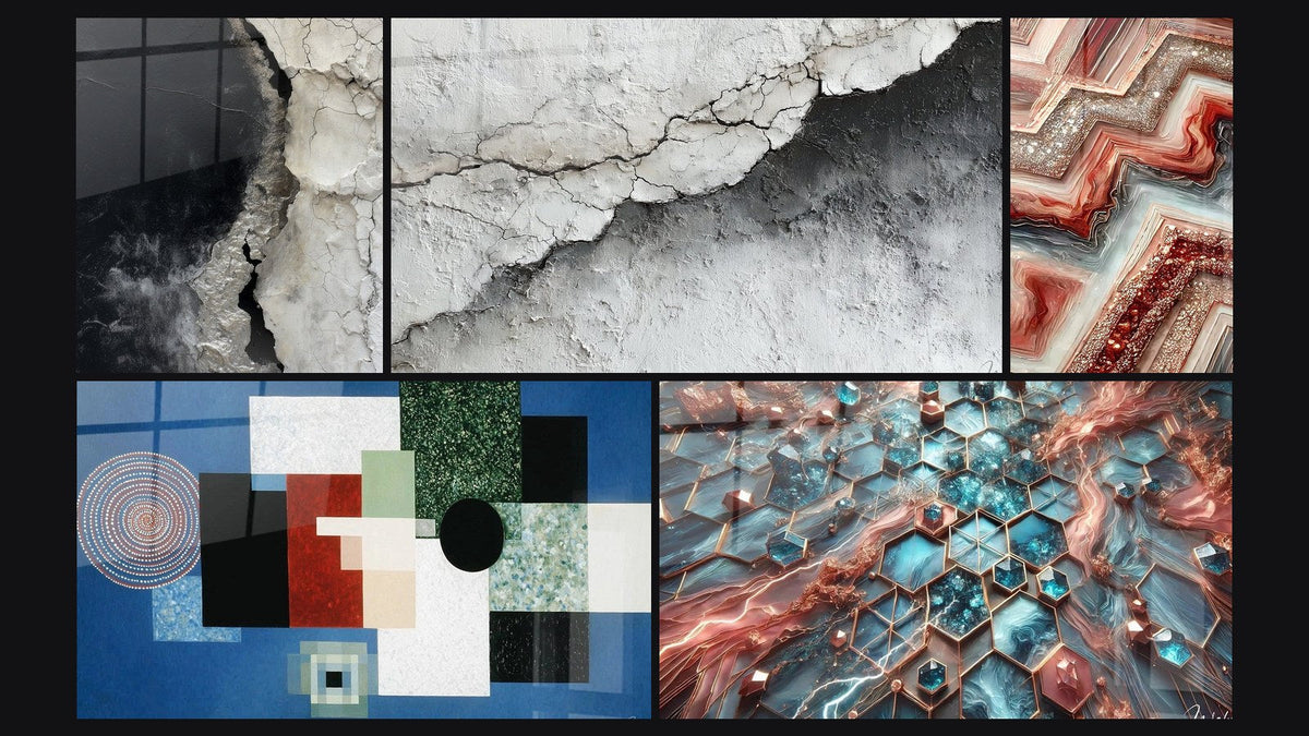 Mosaic of five paintings, including Abstract Black White Gray Cracked Textured and Textured Wall Art Cracked White and Grey