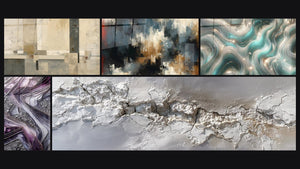 Mosaico de cinco cuadros, entre ellos Composición geométrica beige y gris, Lámparas de Cuarzo y Caos Organizado
