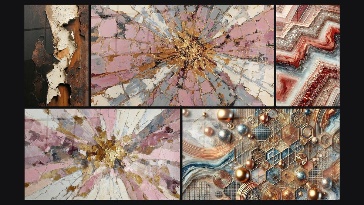 Mosaik aus fünf Gemälden, darunter Rosa-Gold-Explosion mit Strahlzentrum und Kupfer-Mosaik