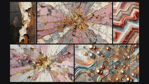 Mosaico de cinco cuadros, entre ellos Explosión Rosa y Oro con Centro Radiante, Fusión Geométrica y Mosaico de Cobre