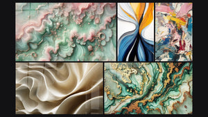 Mosaico de cinco cuadros, entre ellos Bruma Esmeralda, Flujo dinámico colorido y Mármol Misterioso