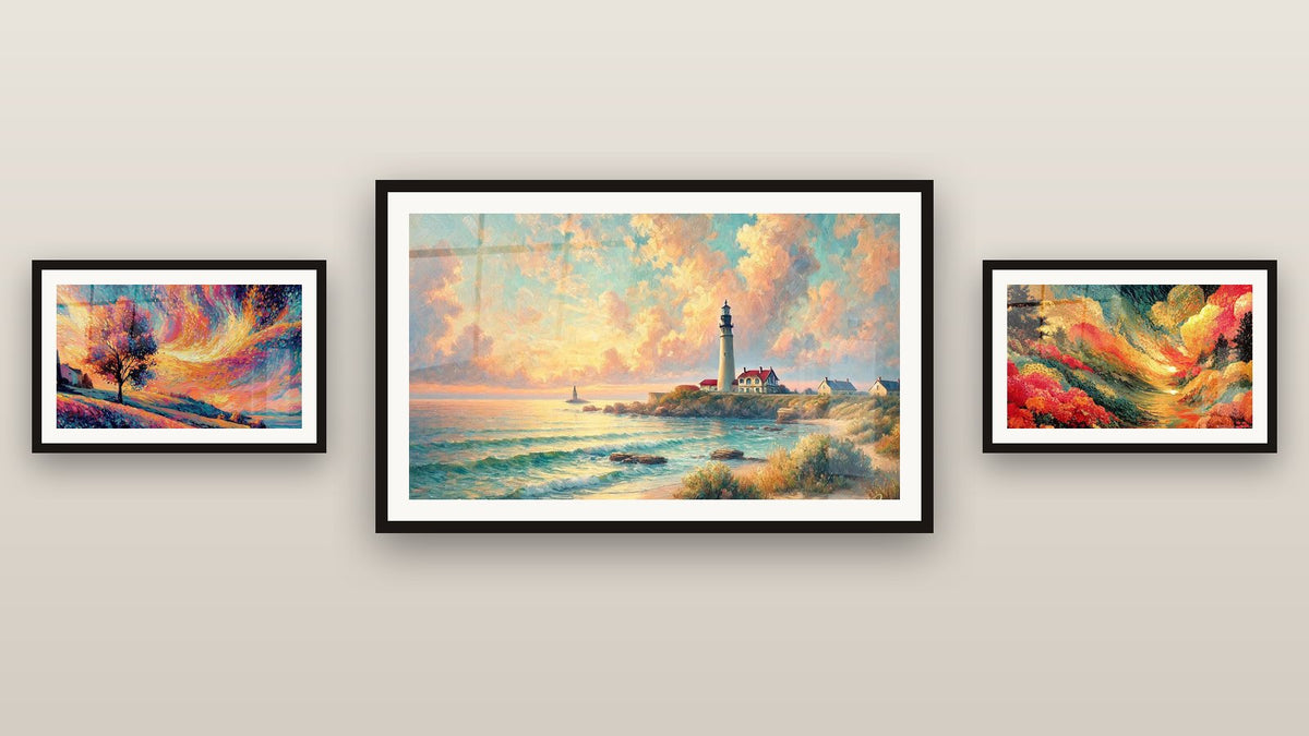 Galerijwand met drie ingelijste schilderijen, waaronder Natuurlijk Landschap Pixels en Landschap Boom Contemplatie