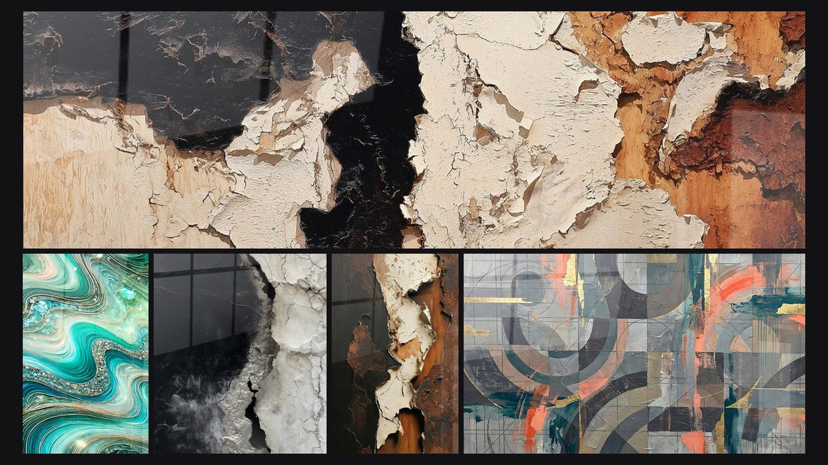 Mosaic of five paintings, including Crystalline Waves and Abstract Black White Gray Cracked Textured