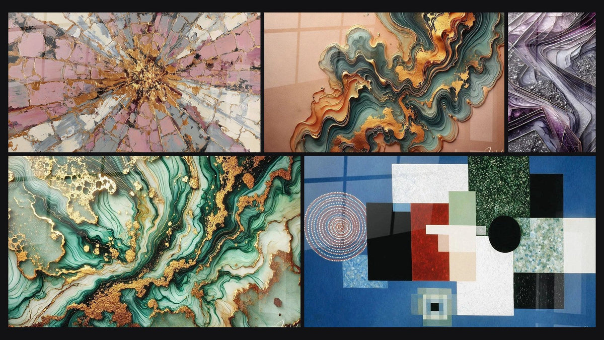 Mosaico di cinque quadri, tra cui Esplosione Rosa e Oro con Centro Radioso, Venature Mistiche e Onda Ramata