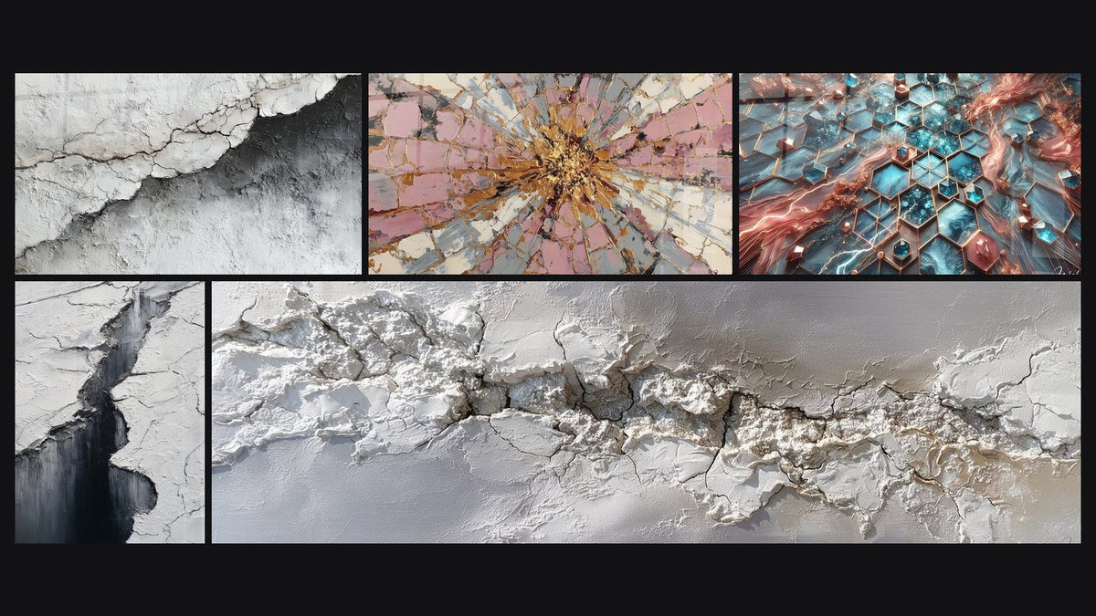 Mosaico di cinque quadri, tra cui Texture Murale Incrinata Bianco e Grigio e Esplosione Rosa e Oro con Centro Radioso