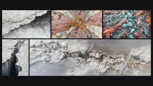 Mosaico de cinco cuadros, entre ellos Textura Mural Agrietada Blanco y Gris y Explosión Rosa y Oro con Centro Radiante