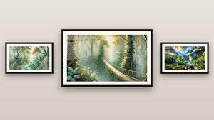 Pared de galería con tres cuadros enmarcados: Travesía Secreta, Misterio de la Jungla y Edén Verde con Mil Cascadas