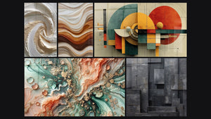 Mosaico de cinco cuadros, entre ellos Sueño Coralino, Ondas Fluidas Tierra y Cobre y Geométrico Revolución Circular