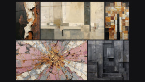 Mosaico de cinco cuadros, entre ellos Explosión Rosa y Oro con Centro Radiante y Composición geométrica beige y gris