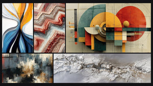 Mosaico de cinco cuadros, entre ellos Flujo dinámico colorido, Caos Organizado y Fusión Geométrica