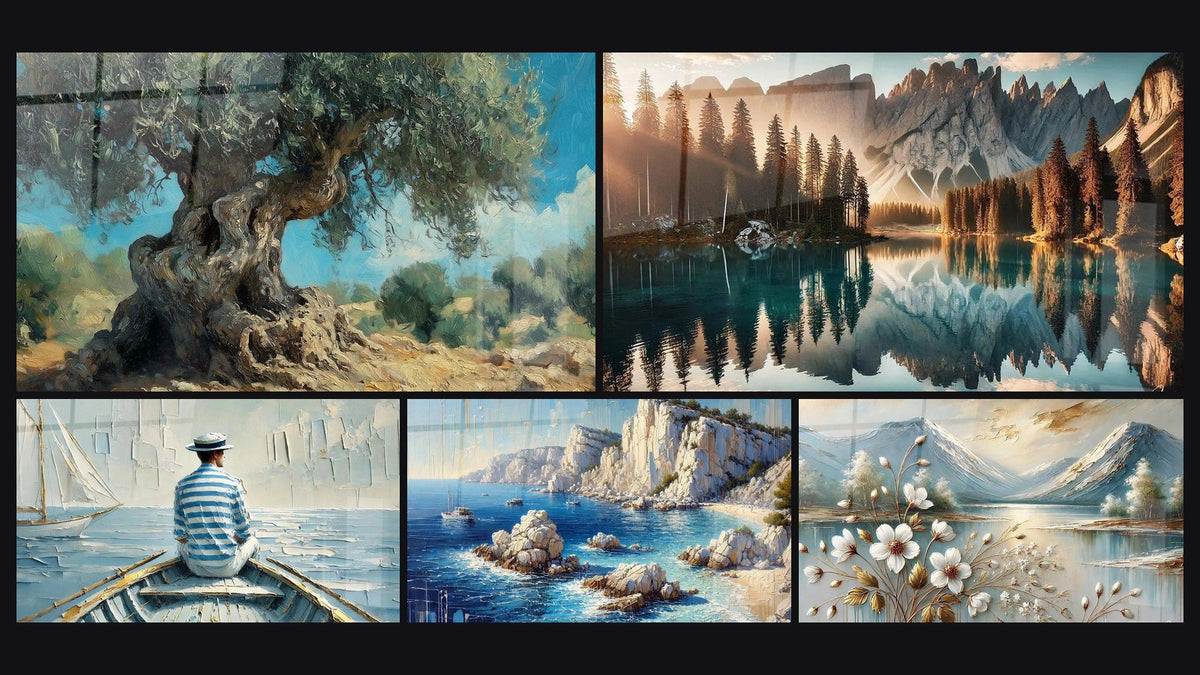 Mosaïque de cinq tableaux, dont Olivier Millénaire, L’Art de l’Eau et Rêverie Côtière