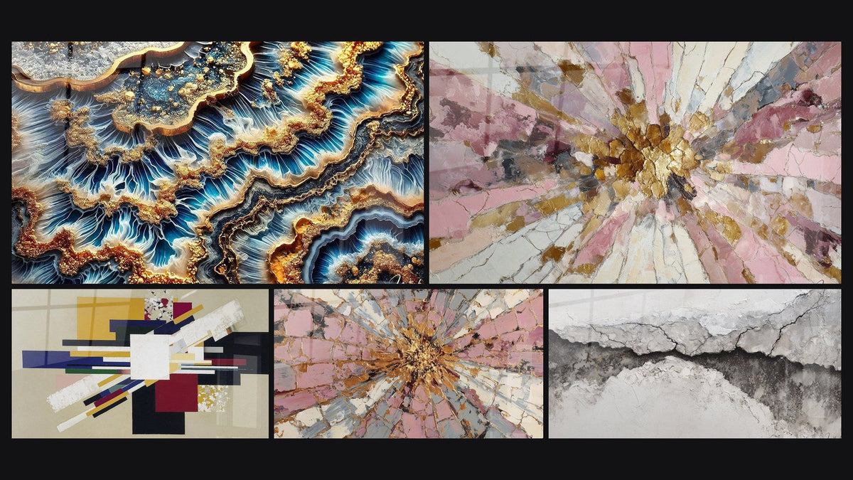 Mosaico de cinco cuadros, entre ellos Marea Dorada y Composición Geométrica Tensión Creativa