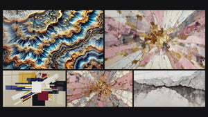 Mosaico de cinco cuadros, entre ellos Marea Dorada y Composición Geométrica Tensión Creativa