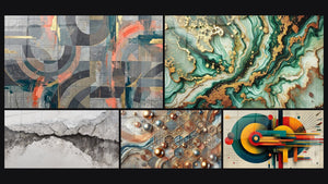 Mosaico de cinco cuadros, entre ellos Círculos grises y coral entrelazados, Mármol Misterioso y Mosaico de Cobre