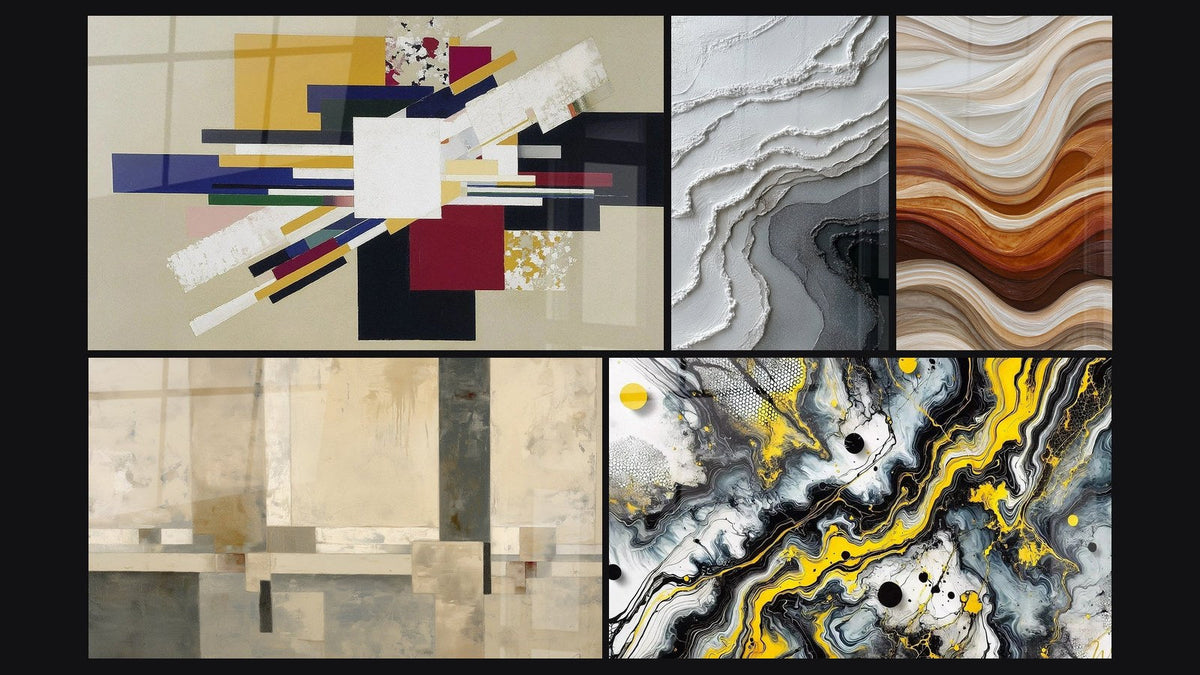 Mosaico di cinque quadri, tra cui Composizione Geometrica Tensione Creativa e Onde Fluide Terra e Rame