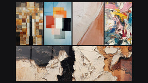 Mosaico de cinco cuadros, entre ellos Formas Geométricas Contraste Funcional y Explosión de colores