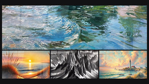 Mosaïque de quatre tableaux, dont Reflets d'eau, Quand le Jour S’endort et À l’Ombre des Géants