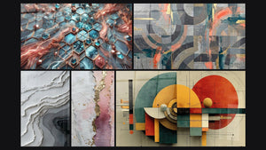Mosaïque de cinq tableaux, dont Réseaux d'Éclat et Abstrait rose blanc or avec texture dorée