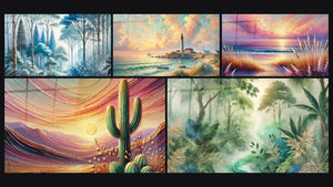 Mosaico de cinco cuadros, entre ellos Bosque Silencioso, Crepúsculo del Desierto y Misterio de la Jungla