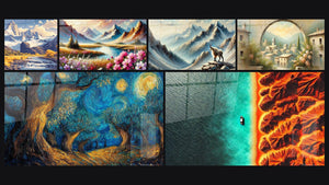 Mosaïque de six tableaux, dont Paysage montagneux glacé avec rivière, Arbre cosmique et Printemps Éternel