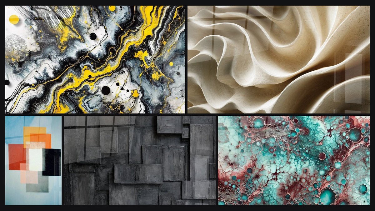 Mosaico di cinque quadri, tra cui Impatto Nero, Forme Geometriche Contrasto Funzionale e Essenza di Granato