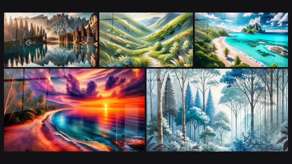 Mosaik aus fünf Gemälden, darunter See der Lichter, Alpine Poesie und Flammender Sonnenuntergang am Meer