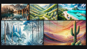 Mosaïque de cinq tableaux, dont Lac des Lumières, Poésie Alpine et Sérénité des Eaux Cristallines