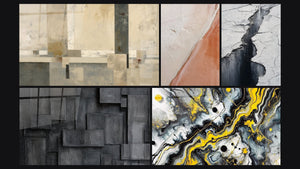Mosaïque de cinq tableaux, dont Composition géométrique beige et gris et Diagonale texturée blanc cassé et brique