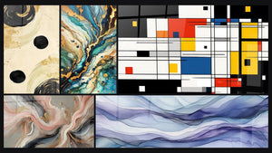 Mosaïque de cinq tableaux, dont Équilibre Sphère Noir, Labyrinthe Minéral et Composition géométrique colorée