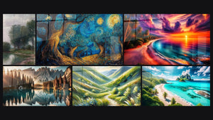 Mosaïque de six tableaux, dont Rivière tranquille, Arbre cosmique et Lac des Lumières
