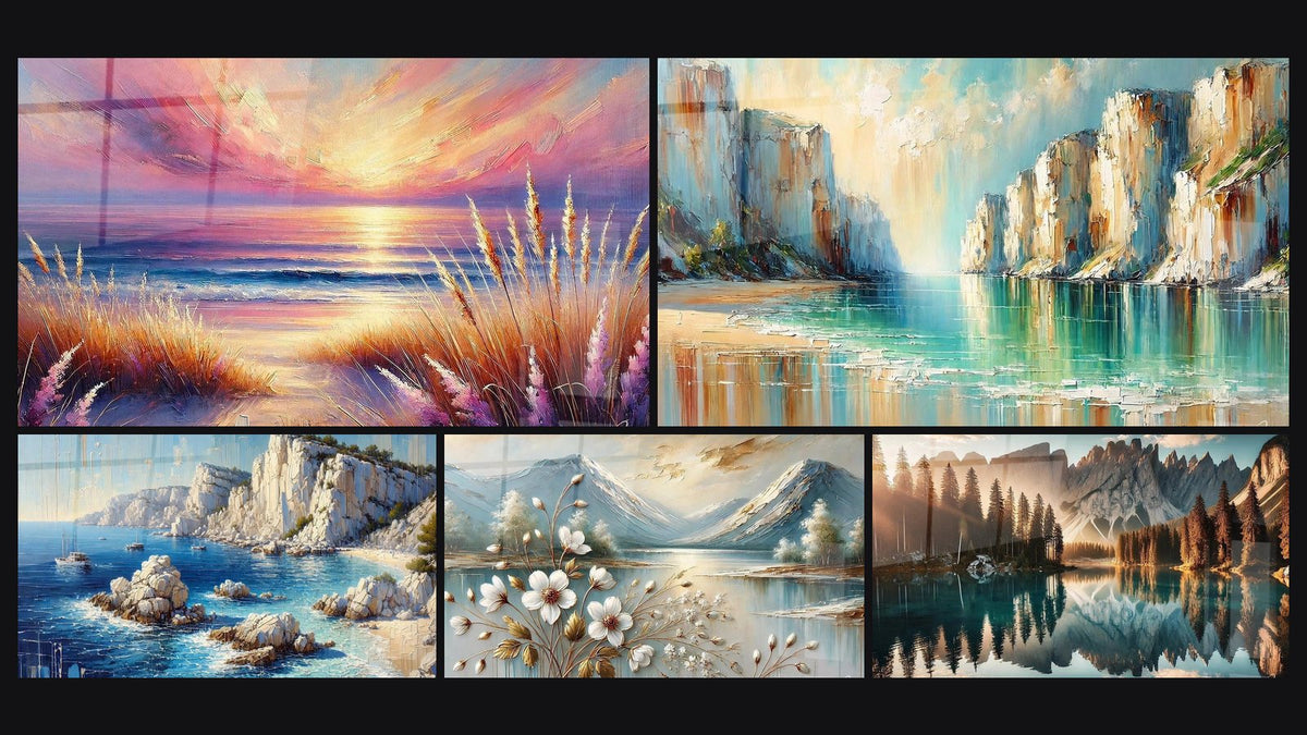 Mosaïque de cinq tableaux, dont Beauté du Soir, Plage des Rêves et Rêverie Côtière