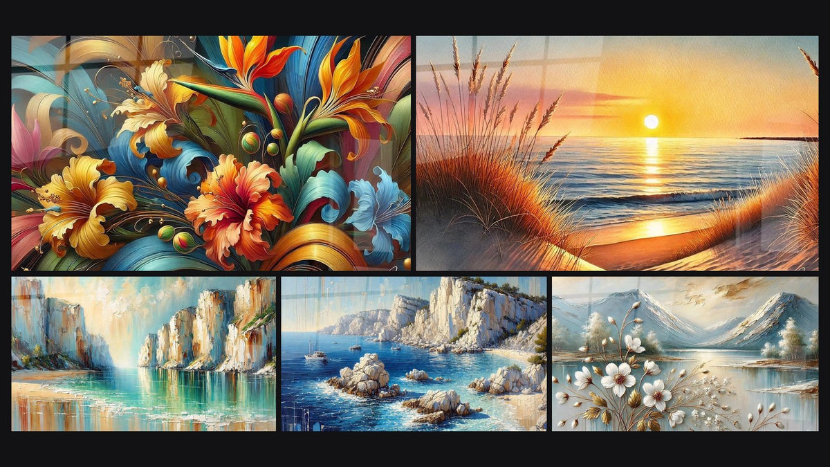 Mosaïque de cinq tableaux, dont Rhapsodie Botanique, Quand le Jour S’endort et Plage des Rêves