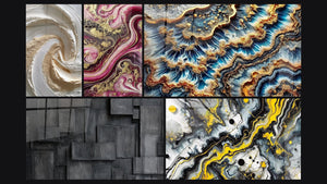 Mosaico de cinco cuadros, entre ellos Impacto Negro, Llamas Púrpura y Marea Dorada