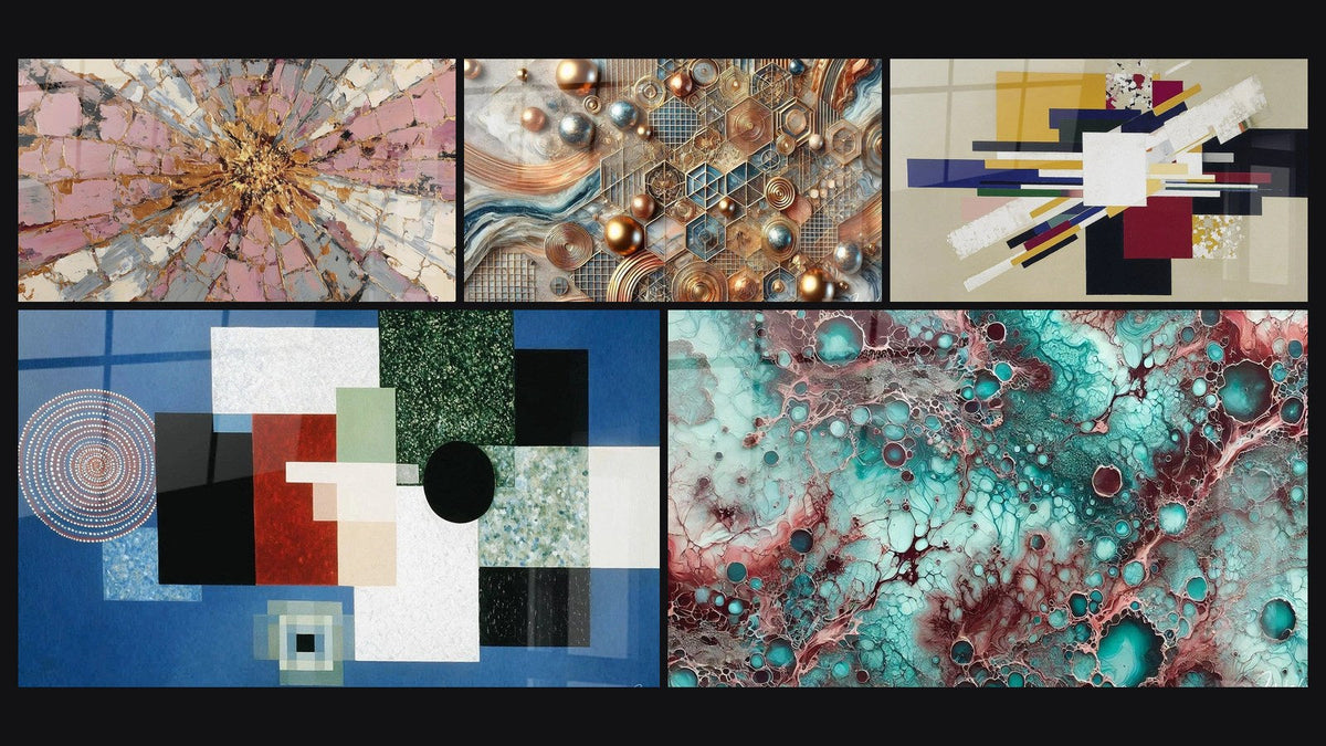 Mosaico di cinque quadri, tra cui Esplosione Rosa e Oro con Centro Radioso e Mosaico di Rame