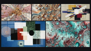 Mosaico de cinco cuadros, entre ellos Explosión Rosa y Oro con Centro Radiante y Mosaico de Cobre