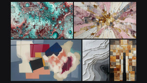 Mosaico de cinco cuadros, entre ellos Esencia de Granate y Formas geométricas poesía cuadrada