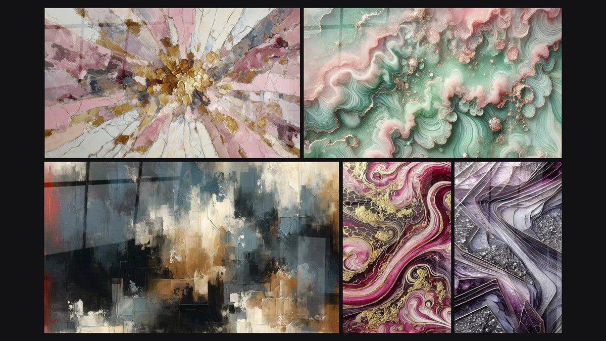 Mosaic of five paintings, including Organized Chaos, Purple Flames and Emerald Mist