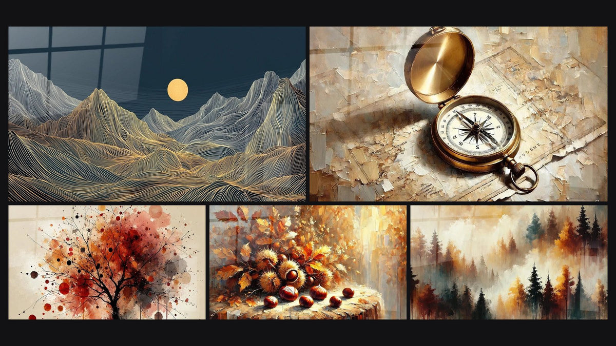 Mosaïque de cinq tableaux, dont Paysage Montagneux, Forêt Abstraite et Fruits de Saison