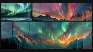 Mosaico de tres cuadros, entre ellos Perro Blanco Bajo Auroras Boreales y Picos nevados con tonos magenta y dorados