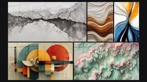 Mosaico de cinco cuadros, entre ellos Ondas Fluidas Tierra y Cobre, Flujo dinámico colorido y Geométrico Revolución Circular