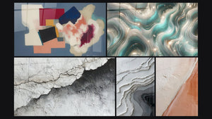 Mosaico de cinco cuadros, entre ellos Formas geométricas poesía cuadrada y Textura Mural Agrietada Blanco y Gris
