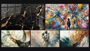 Mosaico de cinco cuadros, entre ellos Los Lazos Invisibles, Explosiones y Entre Nosotros