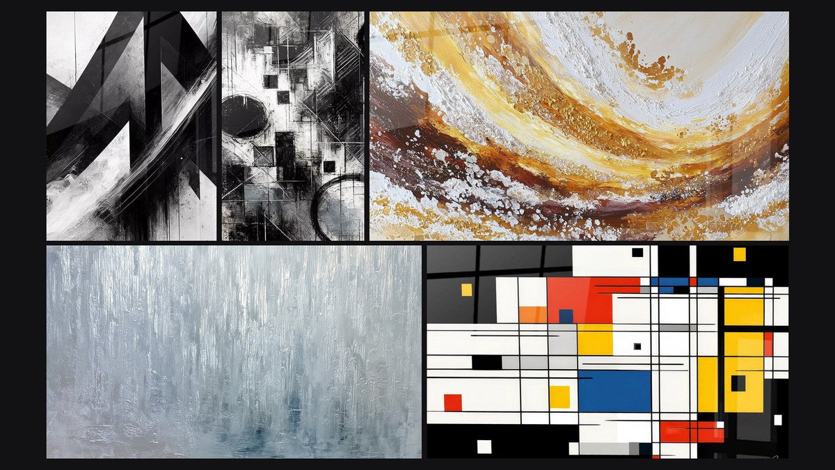 Mosaico di cinque quadri, tra cui Traiettorie Fratturate, Frammenti di Assoluto e Composizione geometrica colorata di