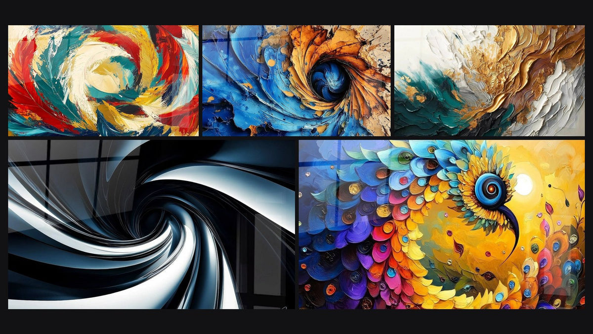 Mosaik aus fünf Gemälden, darunter Kosmische Metamorphose, Spiraltafel kosmisch blau und gold und Trace in Gold und Jade