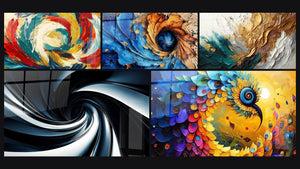 Mosaico de cinco cuadros, entre ellos Metamorfosis Cósmica, Espiral dinámico negro y azul y Pájaro colorido espiral